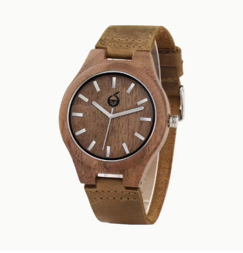 Men'S Vintage-Inspired Walnut Wooden Strap Watch with Brown Leather Band - Quartz, Non-Waterproof, Button Battery, Round Dial