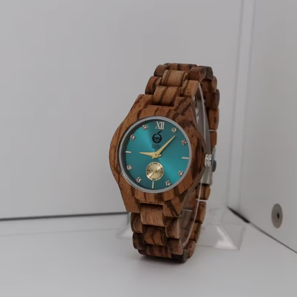 Women's Wooden Quartz Watch - Elegant Brown Braided Band, Blue-ish-Tone Dial, Casual Style