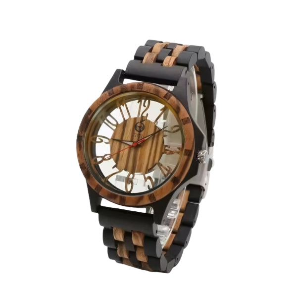 Men’s Vintage Wooden Hollow-Out Quartz Watch – Bold, Elegant, and Naturally Refined
