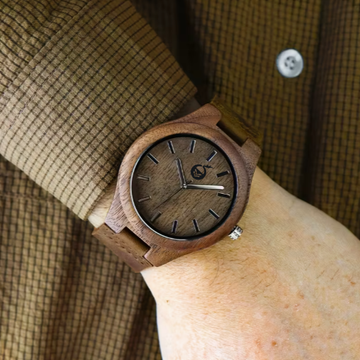 Men'S Vintage-Inspired Walnut Wooden Strap Watch with Brown Leather Band - Quartz, Non-Waterproof, Button Battery, Round Dial