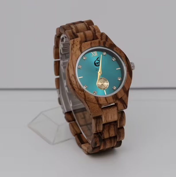 Women's Wooden Quartz Watch - Elegant Brown Braided Band, Blue-ish-Tone Dial, Casual Style