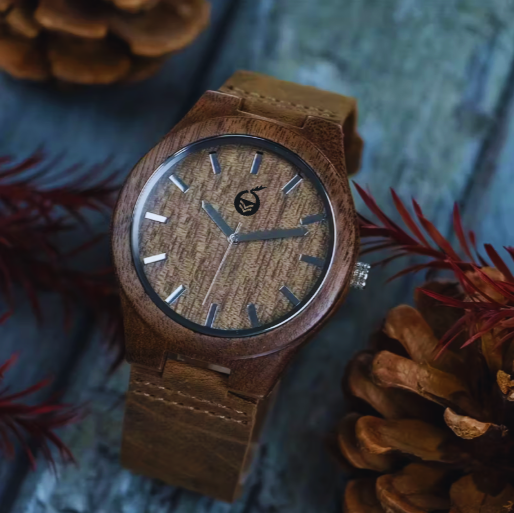 Men'S Vintage-Inspired Walnut Wooden Strap Watch with Brown Leather Band - Quartz, Non-Waterproof, Button Battery, Round Dial