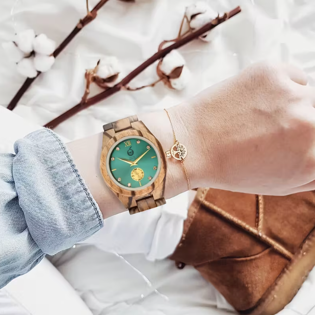 Women's Wooden Quartz Watch - Elegant Brown Braided Band, Blue-ish-Tone Dial, Casual Style