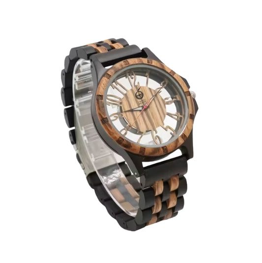 Men’s Vintage Wooden Hollow-Out Quartz Watch – Bold, Elegant, and Naturally Refined