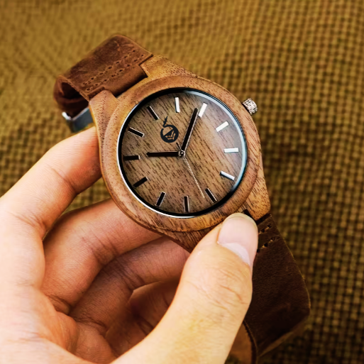 Men'S Vintage-Inspired Walnut Wooden Strap Watch with Brown Leather Band - Quartz, Non-Waterproof, Button Battery, Round Dial