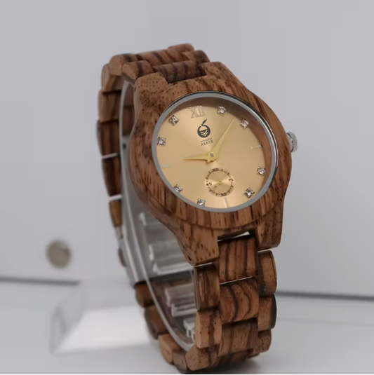 Women's Wooden Quartz Watch - Elegant Brown Braided Band, Blue-ish-Tone Dial, Casual Style